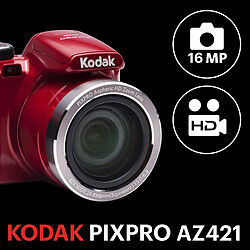 KODAK Pixpro AZ421 - Appareil Photo Bridge Numérique, Zoom optique 42X, Grand angle de 24 mm, 16 Mpixels, LCD 3, Vidéo HD 720p, OIS, Batterie Li-ion - Rouge - Rouge