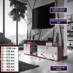 Dusine MEUBLE TV MASSIMO 200 cm Blanc Mat et portes Blanc Laquées LED RGB