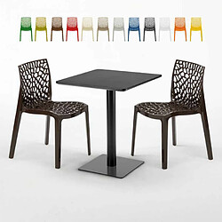 Grand Soleil Table carrée 60x60 noire avec 2 chaises colorées Gruvyer Licorice, Couleur: Marron