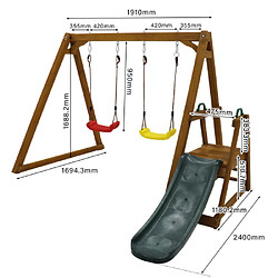 LBF Balançoire double pour enfants, Aire de Jeux en Bois avec Toboggan d'Extérieur,robuste, avec toboggan et échelle d'escalade, structure de balançoire d'extérieur en bois massif, 238,5 x 240 x 168,9 cm