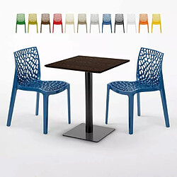 Grand Soleil Table carrée 60x60 pied noir et surface bois avec 2 chaises colorées Gruvyer Kiss - Bleu 