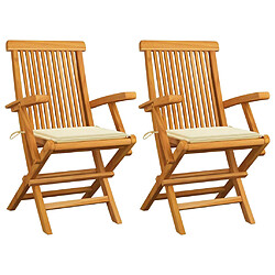 vidaXL Chaises de jardin avec coussins crème lot de 2 Bois teck massif