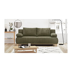 Banquette convertible 3 places MIKA - Velours côtelé vert kaki - Coffre de rangement - L 192 x H 84 x P 93 cm