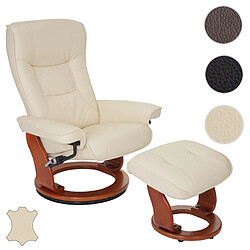 Mendler MCA fauteuil relax Hamilton, fauteuil de télévision, tabouret, cuir, charge 130kg ~ crème, doré 