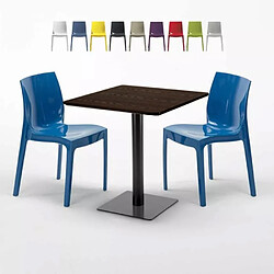 Grand Soleil Table Carrée 70x70 Effet Bois avec 2 Chaises Colorées Ice Melon - Bleu 