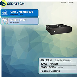 Sedatech Mini-PC Evo passif • Intel i3-8100T • 8Go RAM • 500Go SSD M.2 • sans OS