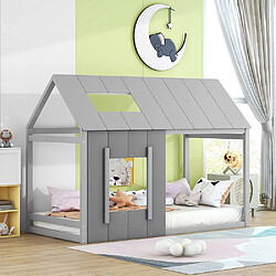 Sweiko Lit cabane 90x200 cm Lit d'enfant en forme de maison Lit plat à une place avec toit et fenêtre Gris