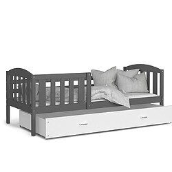 Kids Literie Lit enfant Téo 90x190 gris blanc livré avec tiroir, sommier et matelas en mousse de 7cm offert 