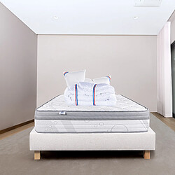 LUXURY LITERIE Ensemble matelas ViscoPlus 140x200 cm + sommier beige ep20cm + 2 oreillers + couette