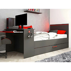 Vente-Unique Lit gigogne gamer2 x 90 x 200 cm - Avec bureau - LEDs - Anthracite et rouge + Sommier - VOUANI