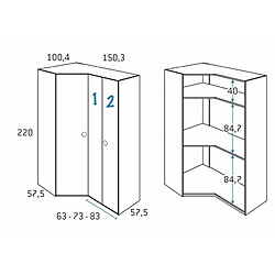 Inside 75 Armoire d'angle pan-coupé 2 portes 150,3 x 220 cm finition chêne blanchis porte droite pliante intérieur double