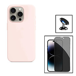 PHONECARE Kit Film Verre Trempé 5D Anti-Spy + Coque Silicone Liquide + Support Magnétique de Voiture pour Apple iPhone 15 Pro - Rose 