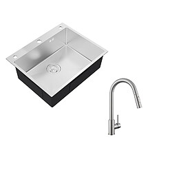 Auralum MAX Évier Cuisine à Encastrer,1 Bac,60*49*20CM,en inox 304,Silver+Mitigeur de Cuisine avec Douchette Extensible,Rotatif 360° ,2 Modes,Brossé