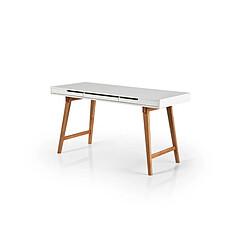 Bureau blanc mat avec piètement en bois massif - L140 x H75 x P58 cm -PEGANE- 