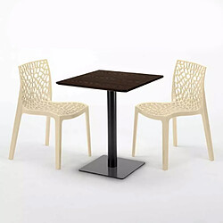 Avis Grand Soleil Table carrée 60x60 pied noir et surface bois avec 2 chaises colorées Gruvyer Kiss - Beige