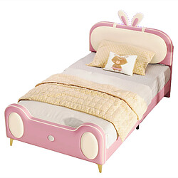 KOMHTOM Lit simple enfant 90x200 cm, tête de lit lapin, bande LED, cadre en bois massif et fer tubulaire, beige + rose