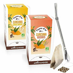 Aromandise 2 tisanes d'or bio Curcuma, Gingembre et Rooibos 40 sachets + paille inox avec filtre