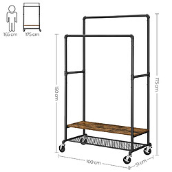 Helloshop26 Portant à vêtements porte-manteau extensible support habits sur roulettes avec 2 barres façon tuyaux style industriel 175 cm marron rustique et noir 12_0002350