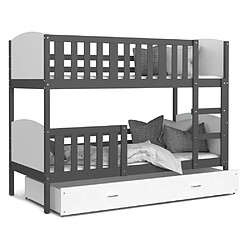 Kids Literie Lit Superposé Tomy 90x190 Gris - blanc Livré avec sommiers, tiroir et matelas en mousse de 7cm 