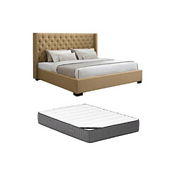 Acheter Vente-Unique Lit coffre 200 x 200 cm avec tête de lit capitonnée - Tissu - Beige + Matelas - MASSIMO