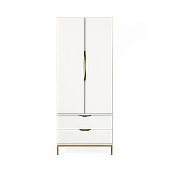 Mes Armoire 2 portes 2 tiroirs 80x55x195 cm blanc et doré - ROLAND 