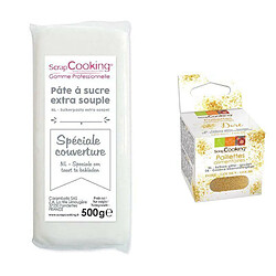 Scrapcooking Pâte à sucre de couverture blanche 500 g + paillettes dorées