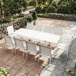 Avril Paris Table de jardin extensible aluminium 270cm + 10 fauteuils empilables textilène - blanc - ANDRA