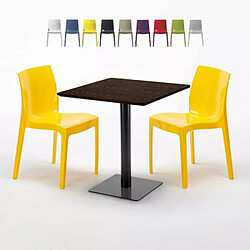 Grand Soleil Table carrée 60x60 pied noir et plateau bois avec 2 chaises colorées Ice Kiss - Jaune