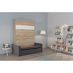 Avis Inside 75 Armoire lit escamotable DJUKE SOFA chêne bandeau blanc mat canapé gris 140*200 cm