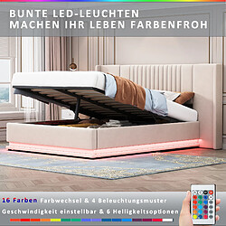 KOMHTOM Lit double capitonné 140 x 200 cm, avec éclairage LED, support hydraulique, sommier à lattes, tissu velours, couleur beige