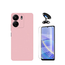 Kit de film en verre trempé de la couverture 5D + couvercle de silicone liquide + SuppOrt Magnétique Phonecare pour Xiaomi Redmi 13C - rose 