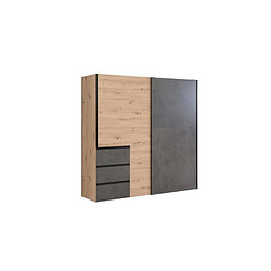 Meubletmoi Armoire 2 portes coulissantes 3 tiroirs chêne béton gris 200 cm - THOR