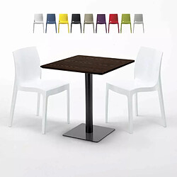 Grand Soleil Table carrée 60x60 pied noir et plateau bois avec 2 chaises colorées Ice Kiss - Blanc