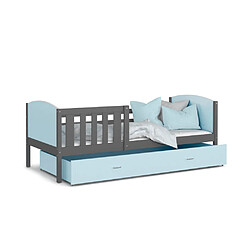 Kids Literie Lit Gigogne Tomy 90x190 Gris - bleu Livré avec sommiers, tiroir et matelas en mousse de 7cm 