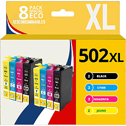 123CONSOMMABLES - 502XL - Cartouches d'encre Compatible pour Epson 502 XL pour Epson Expression Home XP-5100 XP5100 XP-5105 XP-5150 XP-5155 Workforce WF-2860 WF-2865 WF-2880 WF-2885 (8 pack) 