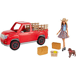 Barbie Fermière et son véhicule 4x4 rouge avec poupée avec chapeau et robe à fleurs, figurine de chien et accessoires, jouet pour enfant, GFF52 