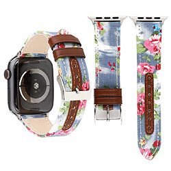 Wewoo Bracelet en cuir véritable avec Motif fleurs denim pour Apple Watch séries 5 et 4 40 mm / 3 et 2 et 1 38 mm bleu clair 