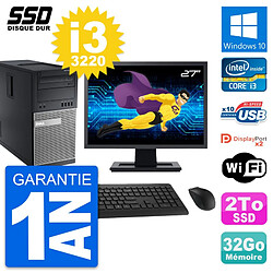 PC Tour Dell 9010 Ecran 27" Intel Core i3-3220 RAM 32Go SSD 2To Windows 10 Wifi · Occasion 