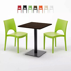 Grand Soleil Table carrée 60x60 pied noir et plateau bois avec 2 chaises colorées Paris Kiss - Vert