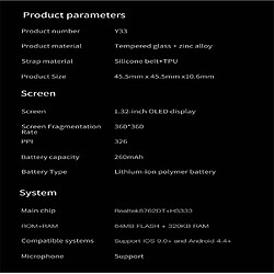 Riffi Montres intelligentes multifonctions Riff Y33 5.0 BT - Appels / Fréquence cardiaque / Spécifications pour iOS