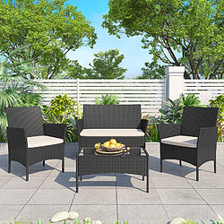 Salon de Jardin - BIGZZIA - Meubles de Jardin en Résine Tressée - Ensemble de 4 avec 2 Fauteuils, 1 Canapé 2 Places et 1 Table Noir