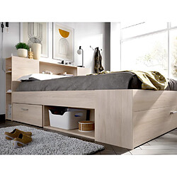 Avis Vente-Unique Lit avec tête de lit rangements et tiroirs - 140 x 190 cm - Coloris : Naturel + Sommier + Matelas - LEANDRE