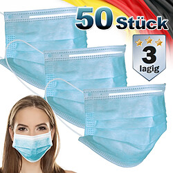 Ecd Germany 50x Masque facial jetable pour adultes à 3 couches protection du nez et bouche 50 Pièces Masque Facial Jetable avec 3 couches -Masque de Protection Bleu pour Adultes - avec Boucles d'Oreilles et Pince-nez - Masque de Protection Buccale et Nasale Jetable