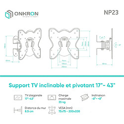 Acheter ONKRON Support Mural TV pour 17" - 43" TV & Ecran, Support Ecran PC Mural Poids jusqu'à 35 kg - Fixation Murale TV Extra Plat VESA 75x75 - 200x200 mm/Accroche TV Mural Pivotant Inclinable NP23-B Noir