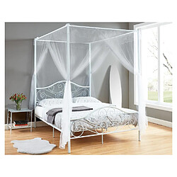 Vente-Unique Lit à baldaquin 140 x 190 cm - Métal - Blanc + Matelas - LEYNA 