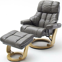 Inside 75 Fauteuil relax CLAIRAC assise en cuir nougat pied en bois naturel avec repose pied 