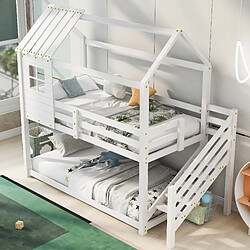 Avis ComfortXL Lit Superposé 200x90cm, Avec Escalier D'Angle, Lit Cabane Avec Garde-Corps et Fenêtres, Pin, Blanc