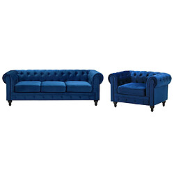 Beliani Ensemble canapé et fauteuil en velours bleu cobalt 4 places CHESTERFIELD