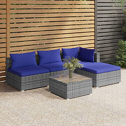 vidaXL Salon de jardin 5 pcs avec coussins résine tressée gris