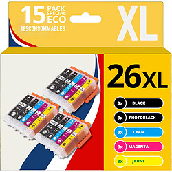 123CONSOMMABLES - 26XL - Pack Cartouche d'encre compatible avec Epson pour Epson Expression Premium XP-510 XP-520 XP-600 XP-605 XP-610 XP-615 XP-620 XP-625 XP-700 XP-710 XP-720 XP-800 XP-810 (pack de 15) 